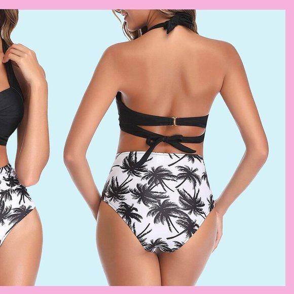Women Vintage Swimsuit Two Piece Retro Halter Ruched High Waist Bikini XS - Picture 2 of 7